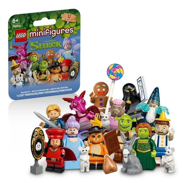 Delight any Shrek fan with 1 of 12 collectible characters from the LEGO® Minifigures Shrek Series (71053) mystery box for boys and girls ages 6 and up. Treat a kid or collector and let them enjoy the excitement of discovering which of the 12 random characters the minifigure pack contains – Will it be DreamWorks Animation’s Shrek, Fiona, Donkey, Pinocchio, Gingy, Dragon, Puss in Boots, Thelonious, Big Bad Wolf, Merlin, Lord Farquaad, Fairy Godmother or Prince Charming? Each minifigure comes in a sealed myste