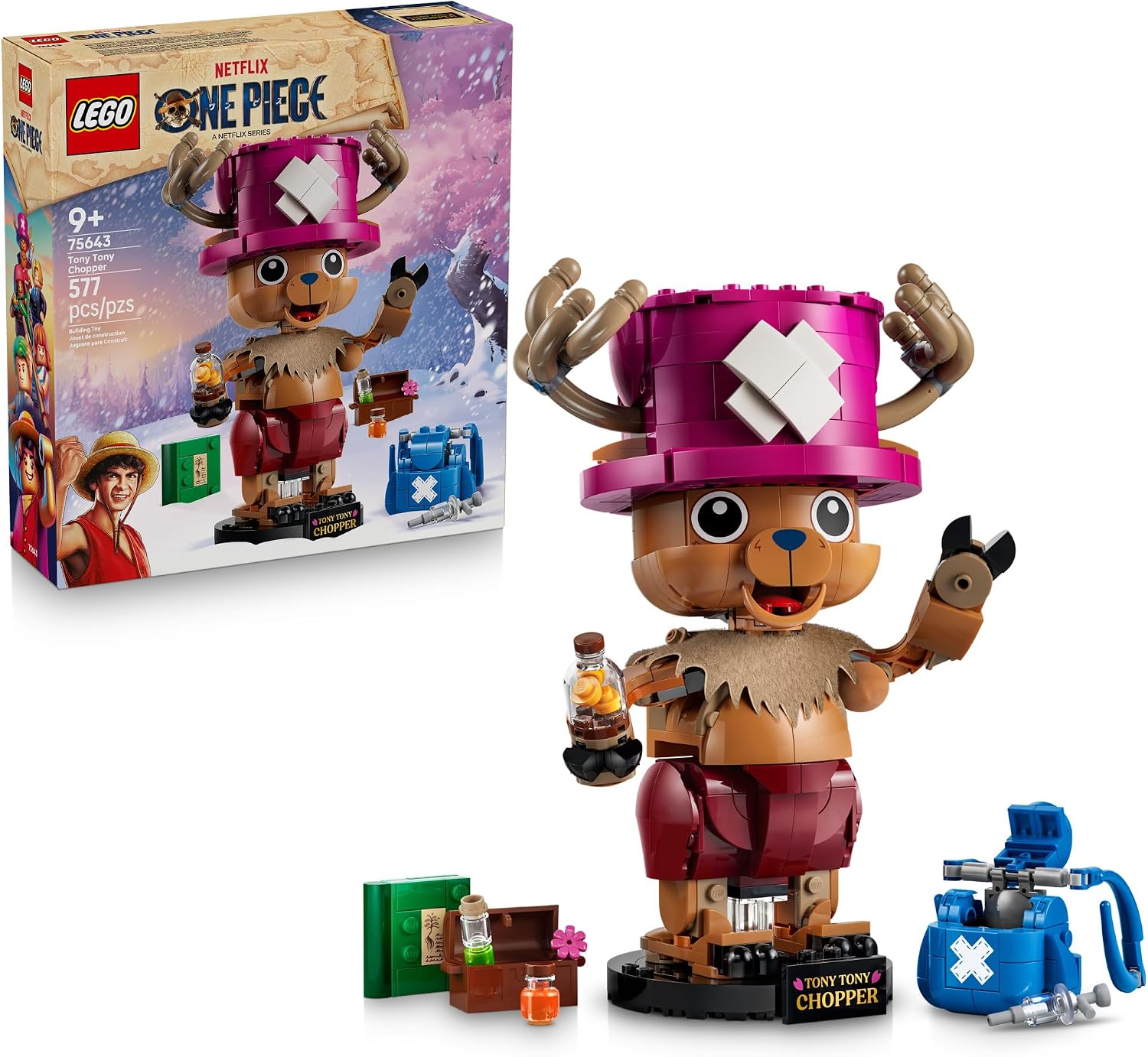 Scale up the ONE PIECE fun with this Tony Tony Chopper (75643) building set. This cute character from the ONE PIECE live action Netflix show makes a great gift for boys and girls ages 9 years old and up. The Chopper building figure can either stand or sit, be freestanding or positioned securely on its stand with an accompanying nameplate. Position and pose the model for dynamic play or display by moving the jointed arms, head and mouth. Authentic accessories include a book, box, syringe, bottle and a larger