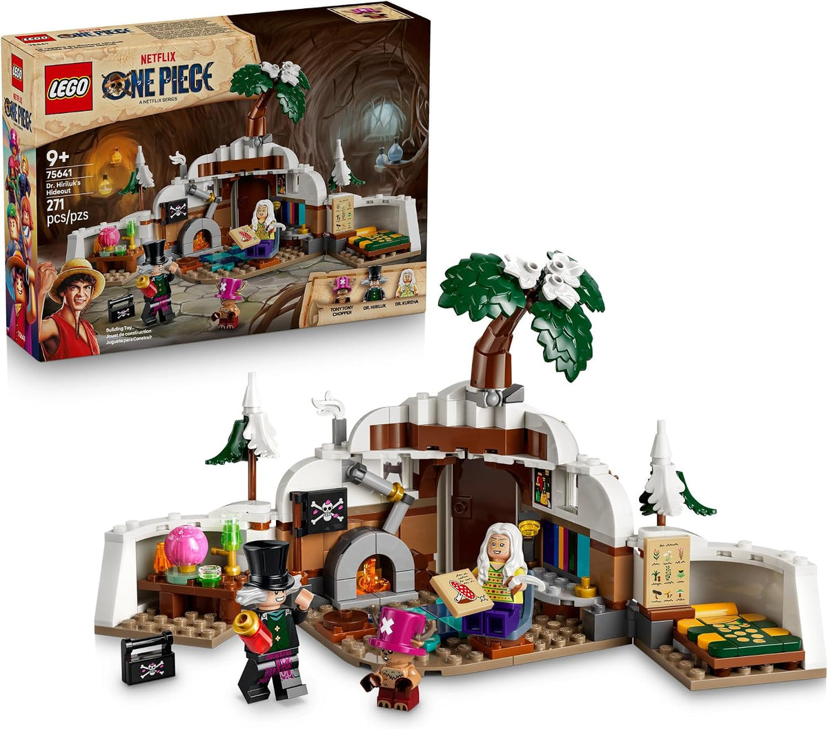 Enter Dr. Hiriluk’s Hideout (75641), a LEGO® ONE PIECE building set featuring minifigures of Tony Tony Chopper, Dr. Hiriluk and Dr. Kureha. This anime toy inspired by the Netflix live action show makes a great gift for 9+ year old boys, girls and ONE PIECE fans. Open the hinged mountain with its snowy rocks and movable trees to discover the detailed interior of Dr. Hiriluk’s hideout. Authentic details include Chopper’s antler hat, Dr. Hiriluk’s hat, furniture, a table full of equipment for experiments, medi