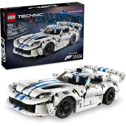 Ignite fast action play with this LEGO® Technic™ Dodge Viper GTS-R Sports Car (42234) building set. Kids ages 10 years up can have fun assembling the model, then put their racing car to the test. Explore realistic features like the V10 engine with moving pistons, the eye-catching spoiler, differential and opening hood and doors. Unlock a special LEGO Technic livery in the Forza Horizon 6 video game using the instructions provided inside the box. Please note, a copy of the game is needed. Terms and condition