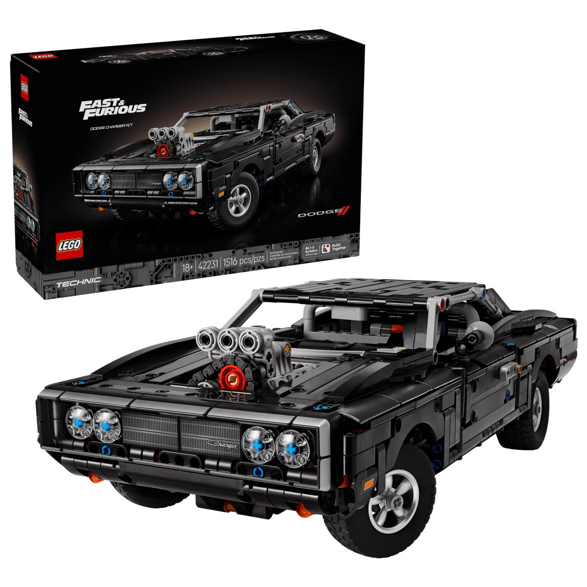 Ignite the spirit of racing legends with this LEGO® Technic™ Fast and Furious Dodge Charger R/T Car (42231) model kit for adults. Take your time assembling the details, like the V8 engine with chain-driven compressor and the rear-wheel drive with a cardan shaft with differential. Test out the steering using the knob on the back and try the independent front wheel suspension and rear suspension. Then add details like the 2 NOS bottles and the fire extinguisher to this collectible vehicle. This set makes a st