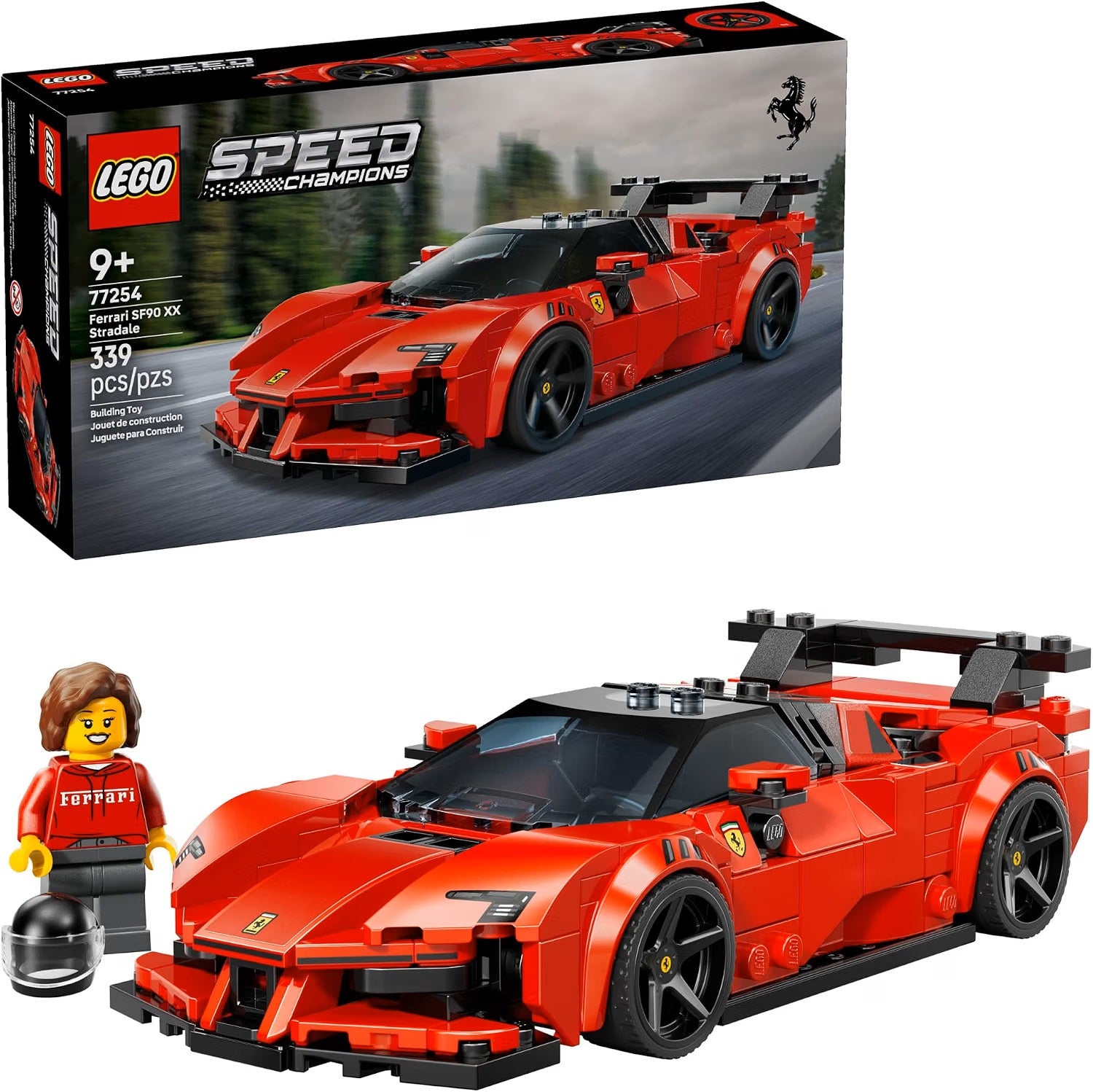 Boys and girls ages 9 and up can build, play with and display this stylish LEGO® Speed Champions Ferrari SF90 XX Stradale Sports Car (77254). The Ferrari model car includes many of the design details from the real-life version – Ferrari’s most powerful ever street-legal car. This Ferrari toy car features a cab-forward design, a rear wing, high tailpipes and rims decorated with the Ferrari shield. The car model kit also includes a driver minifigure wearing a Ferrari outfit and helmet to place inside the sing