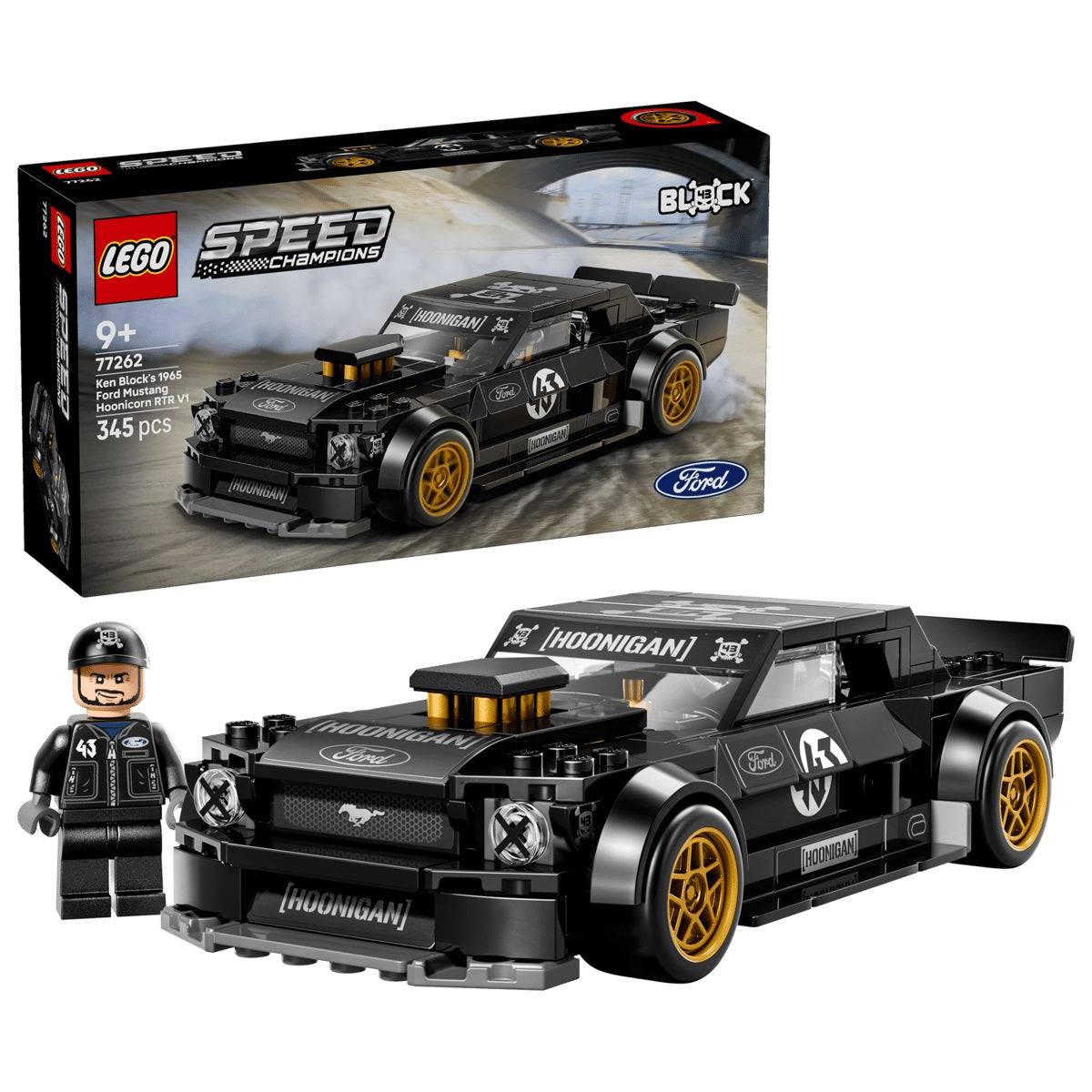 Celebrate the distinctive design and horsepower of Ken Block’s ’65 Ford Mustang Hoonicorn V1 (77262) with this awesome LEGO® Speed Champions model. For the first time, this Mustang toy car lets fans of Ken Block’s viral YouTube videos build, play with and display one of the most iconic custom vehicles ever. This LEGO replica for boys and girls ages 9 and up features details from the real-life vehicle co-created by Block and HOONIGAN for their Gymkhana SEVEN film in Los Angeles in 2014, including exposed vel