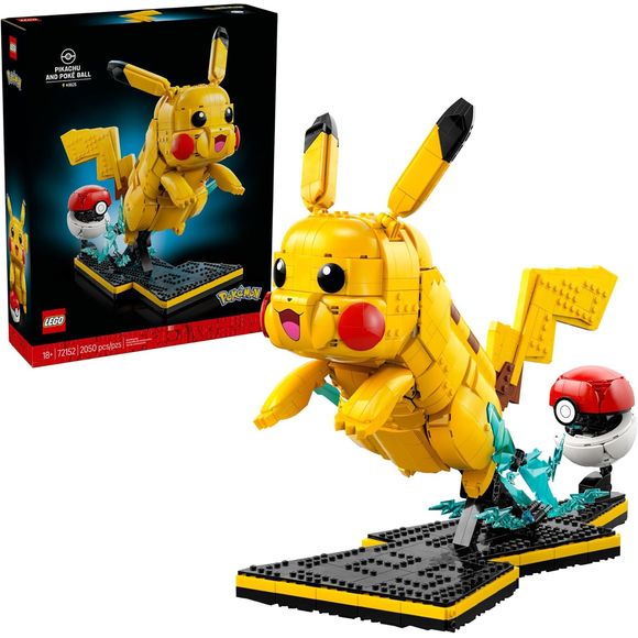 Relive Trainer memories with the Pikachu and Poké Ball (72152) building kit. Construct this piece of gaming room decor and capture that feeling when you first went into battle with this cute Pokémon by your side. A gift for adults who love cute gaming accessories and video game merch, this 2050-piece LEGO set is packed with Pokémon details. A colorful piece of gaming room decor, this yellow Pikachu model, with its black ear tips and red cheeks, has a tail that can be built to show it in male or female versi