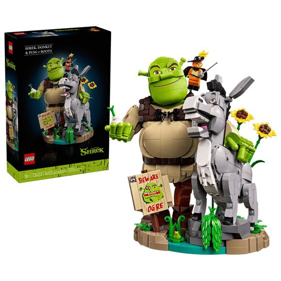 Peel back some layers and enjoy the magic of Shrek as you build the detailed Shrek, Donkey & Puss in Boots (72423) LEGO® posable figures. This model building kit makes a great display piece for any fan ages 18 and up, designed to look great on a shelf or table. It features brick-built versions of Shrek and Donkey, plus a minifigure of Puss in Boots, all standing on a swamp base, complete with the classic Beware Ogre! sign, sunflowers, an onion and a blue flower with red thorns. Hidden Easter eggs are tucked