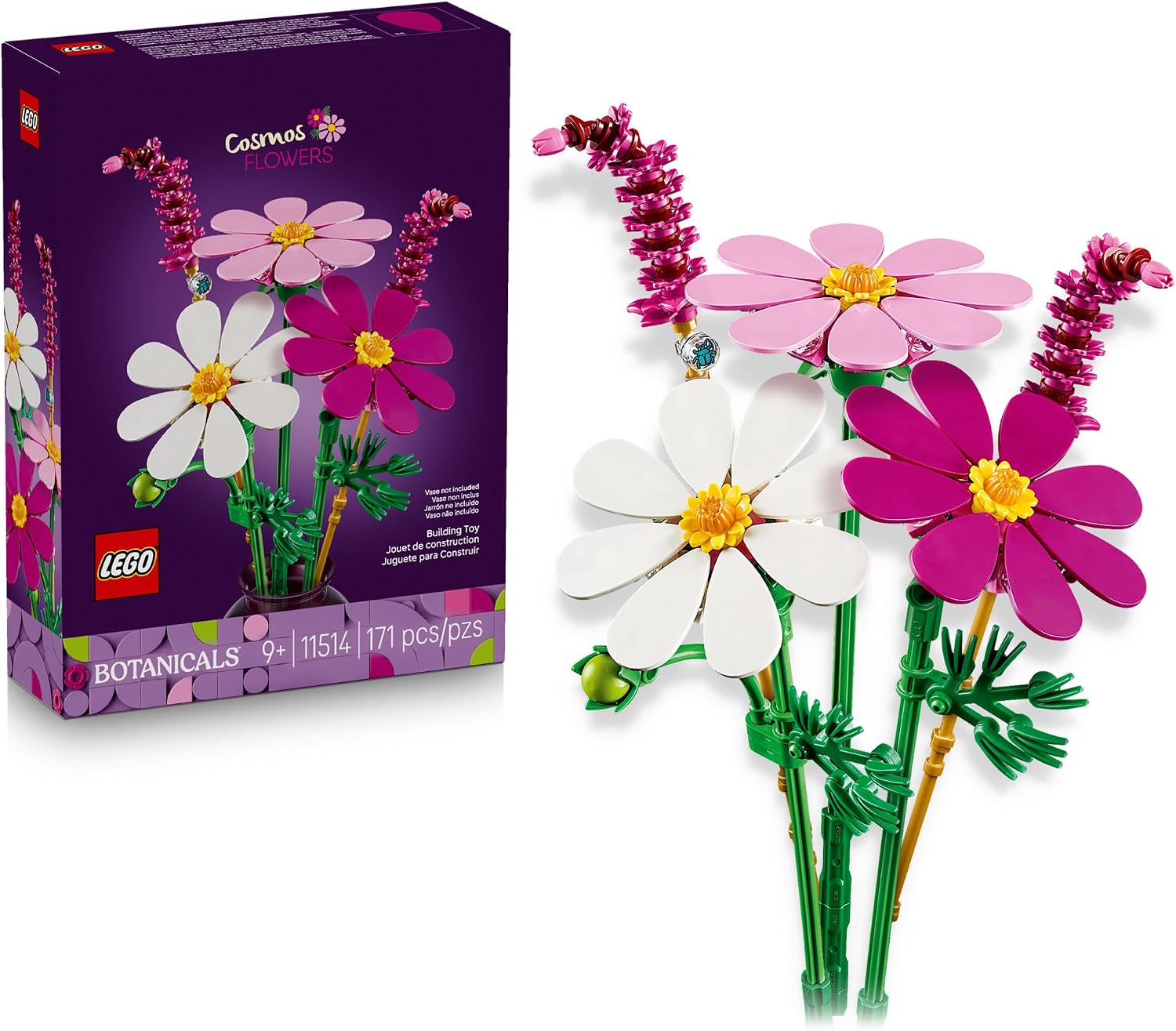 Let a love for nature blossom with the charming LEGO® Botanicals Cosmos Flowers (11514) building set for kids ages 9 and up. Offering a perfect balance of vibrancy and tranquility, this nature-inspired set features 3 detailed cosmos flowers and 2 stems of fluffy red fountain grass. The cosmos flowers are white, purple and pink, and if you look closely, you’ll spot a tiny bug. Once the LEGO blooms are complete, kids can channel their inner florist and arrange them into a custom posy before displaying them as