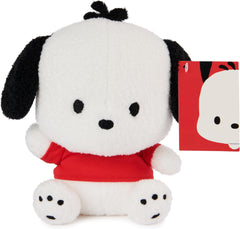 Pochacco, the curious and sporty puppy dog from the world of Sanrio, is joining playtime as a cuddly 6” plush! This Pochacco plush features short, super-soft curly white plush with floppy black ears, a tuft of black plush on top of his head, embroidered paw pads, and black facial embroidery. This adorable pooch also wears his signature red t-shirt and sits in a playful waving pose, eager to say hello and join your collection! Perfect for Sanrio fans and kawaii plush collectors of all ages. Each GUND Sanrio