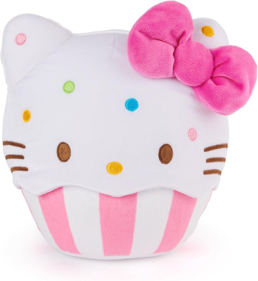 This large, soft and huggable 8-inch cupcake plush features Hello Kitty nestled in a pink-and-white striped baking cup, wearing her iconic hot pink bow. Her head is speckled with rainbow embroidered sprinkles, giving this soft plush an adorable and eye-catching design sure to impress any kawaii plushie collector. Make playtime even sweeter by completing your cupcake collection with 8-inch My Melody Kitty and Kuromi styles!