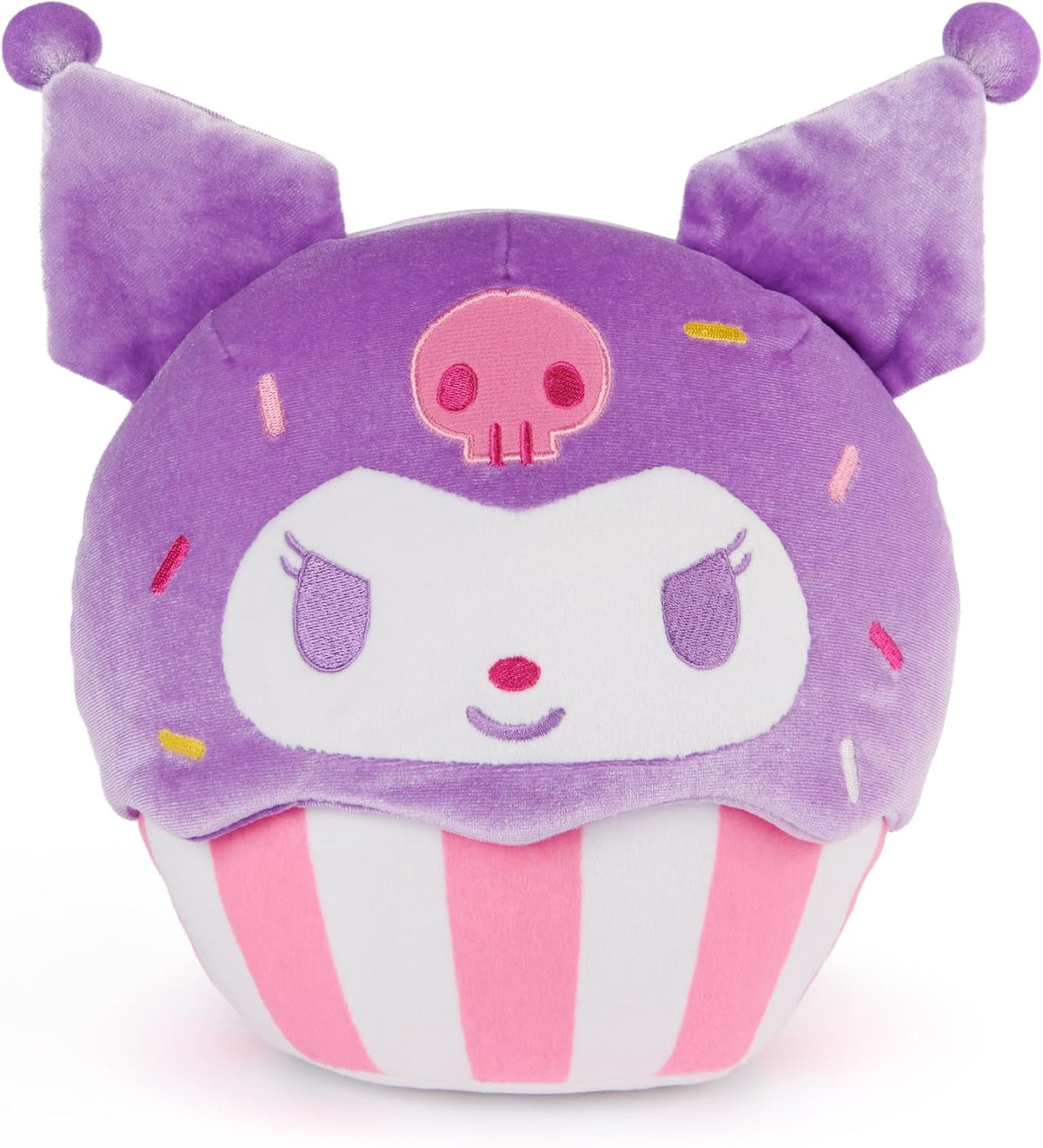 This large, huggable 8-inch cupcake plush features Kuromi nestled in a pink-and-white striped baking cup, wearing her iconic purple jester’s hat with a pink embroidered skull. Kuromi’s purple and pink embroidered facial details also match the fun pink, white, and yellow embroidered sprinkles that dot her hood. Its bright, colorful design makes this soft plush an eye-catching piece for any kawaii plushie collector. Make playtime even sweeter by completing your cupcake collection with 8-inch Hello Kitty and M