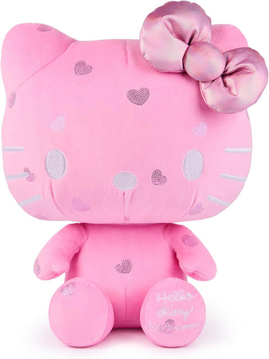 Celebrate 50 years of Hello Kitty with GUND! This cuddly, special-edition 12” plush shows the kawaii little girl from the world of Sanrio in all pink with special details sure to impress any collector and fan. Here Hello Kitty features soft, bubblegum-pink plush dotted with a sparkly metallic pink heart pattern. Her iconic bow features a cute, eye-catching pink iridescent sheen. Hello Kitty’s facial details, including whiskers, are silver and match the commemorative “Hello Kitty 50th Anniversary” embroidery