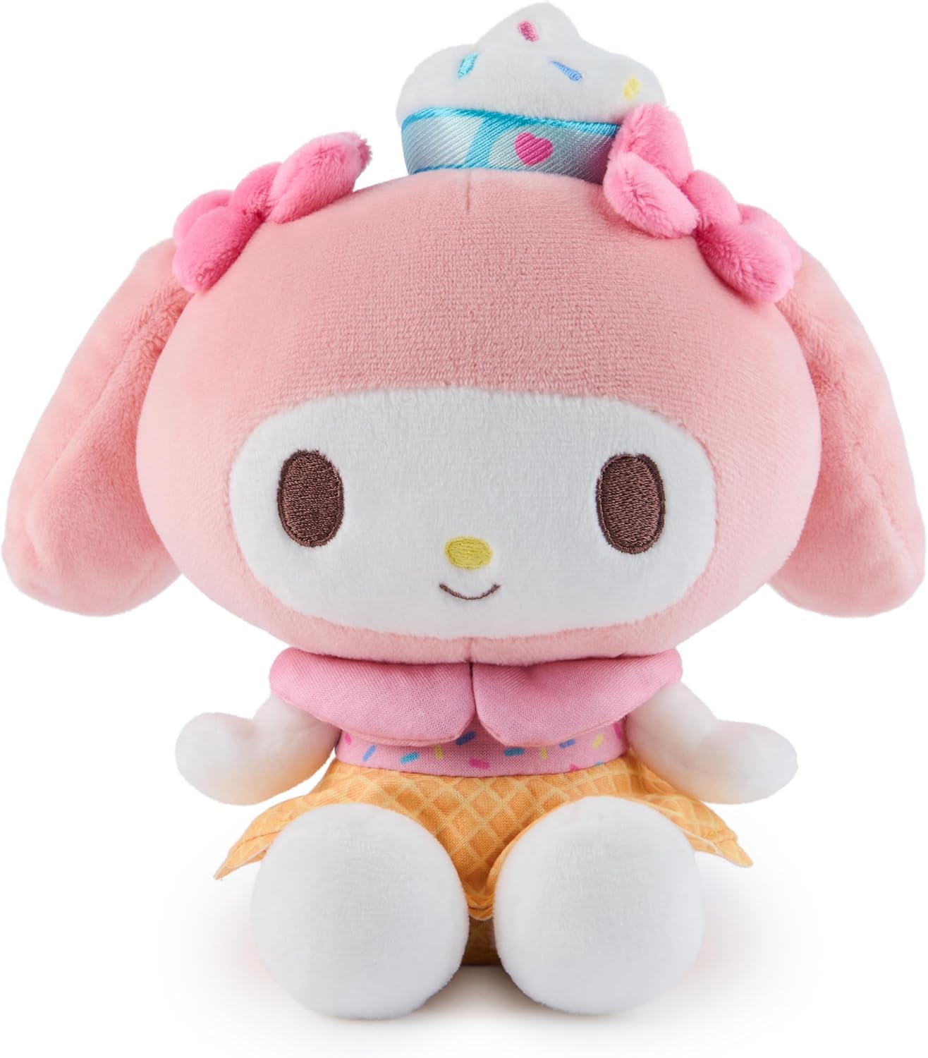 There’s always room for ice cream… and Hello Kitty! Join Hello Kitty, My Melody, and Pompompurin for frosty, sprinkle-covered fun in every flavor with the latest dessert-themed Sanrio plush collection by GUND. My Melody is extra sweet and dressed up as a tasty ice cream cone! This 6-inch seated plush features My Melody, Hello Kitty’s best friend from the world of Sanrio, in a colorful dessert-inspired outfit with velvety-soft pink plush and chocolate-brown embroidered facial details. My Melody looks lovely