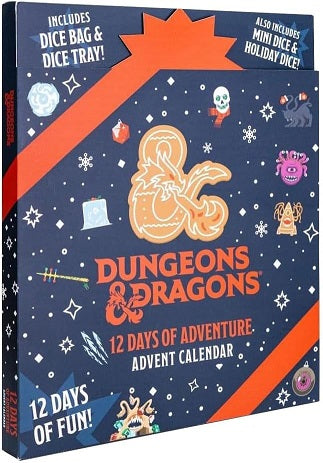 A new addition to this holiday season is the 12 Days of Adventure Advent Calendar which includes all the accessories you need to play!ï¿½ Countdown the 12 days to Christmas with the official D&D advent dice calendar that includes a dice tray, a custom D&D inclusion dice set, a D&D mini dice set, an exclusive Beholder inclusion d20, a dice bag to carry your loot, and more!