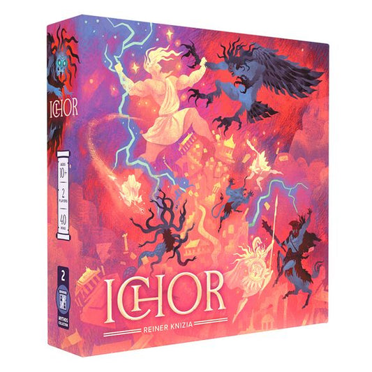 The dark monsters of Greek mythology have gathered for one final assault on Mount Olympus. The Greek gods are prepared to defend their sacred ground. Who will prevail in this decisive battle of blood and ichor?

Ichor is an asymmetric strategy game for two players by Reiner Knizia. In this mythological battle of wits, one player controls the Greek gods while the other controls the Greek monsters. On your turn, you move one of your figures in a straight line as far as you wish, leaving behind a trail of your