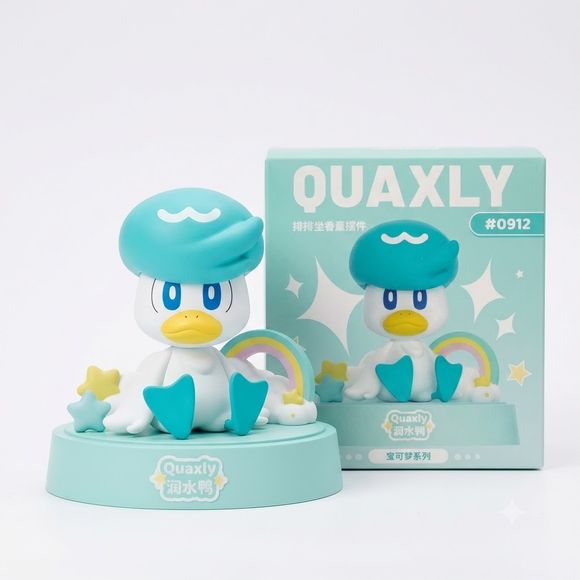 Add a splash of style to your collection with this adorable Quaxly Aromatherapy Figure from the Pokemon Scented Display Series. Featuring the fashionable Water-type starter from the Paldea region, Quaxly is seated on a decorative display base complete with colorful star and rainbow accents.

This collectible combines charming Pokemon design with a built-in fragrance compartment, making it both a fun display piece and a unique decorative accessory. Perfect for desks, shelves, gaming rooms, and Pokemon collec