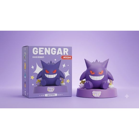 Add a mischievous touch to your collection with this officially licensed Pokemon Gengar Aromatherapy Display Figure. Featuring Gengar (#0094) seated on a themed display base with colorful decorative accents, this collectible combines adorable Pokemon styling with a built-in fragrance holder for added display appeal.

The figure is crafted from durable PVC and ABS materials and comes mounted on a display base that can house an included scented tablet. Perfect for desks, shelves, gaming setups, or Pokemon col