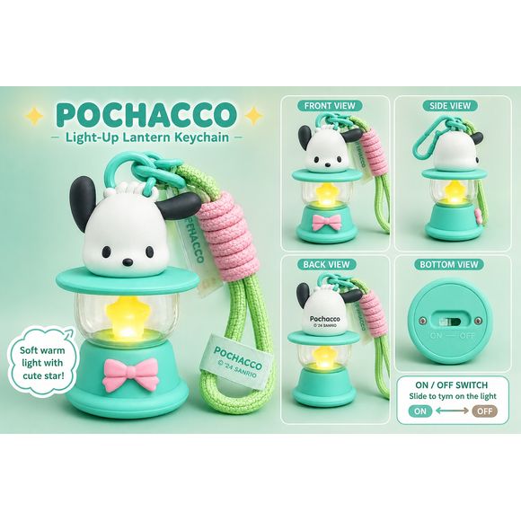 Bring a little Sanrio charm wherever you go with this adorable Pochacco Light-Up Lantern Keychain! Featuring Pochacco perched atop a mint-green lantern, this collectible accessory combines cute design with a functional LED light that glows through a star-shaped centerpiece for a cozy, warm effect.

The lantern is decorated with a pink bow accent and includes a matching pastel wrist strap and carabiner clip, making it easy to attach to backpacks, purses, keyrings, or travel bags. A convenient slide switch on