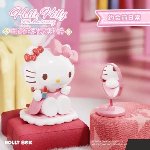 Get ready for a special day out with Hello Kitty in this adorable Perfect Date figure from the Hello Kitty 50th Anniversary Daily Life Series by Holly Box. Dressed in a charming pink outfit and holding her favorite lipstick, Hello Kitty sits sweetly beside a vanity mirror as she prepares for a memorable outing.

This beautifully detailed collectible captures a fun everyday moment from Hello Kitty's daily routine, featuring soft pastel colors, glossy finishes, and charming accessories that bring the scene to