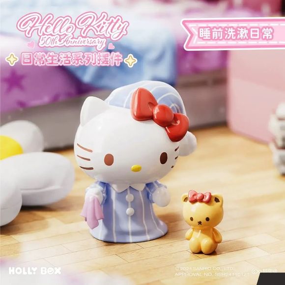 End the day with Hello Kitty in this adorable Clean Up Before Sleeping figure from the Hello Kitty 50th Anniversary Daily Life Series by Holly Box. Dressed in cozy blue-striped pajamas and a matching nightcap, Hello Kitty is ready for her bedtime routine, holding a small towel while her faithful teddy bear companion waits nearby.

This charming collectible captures a peaceful nighttime moment, celebrating the simple daily rituals that make Hello Kitty so lovable. With soft colors, detailed sculpting, and a