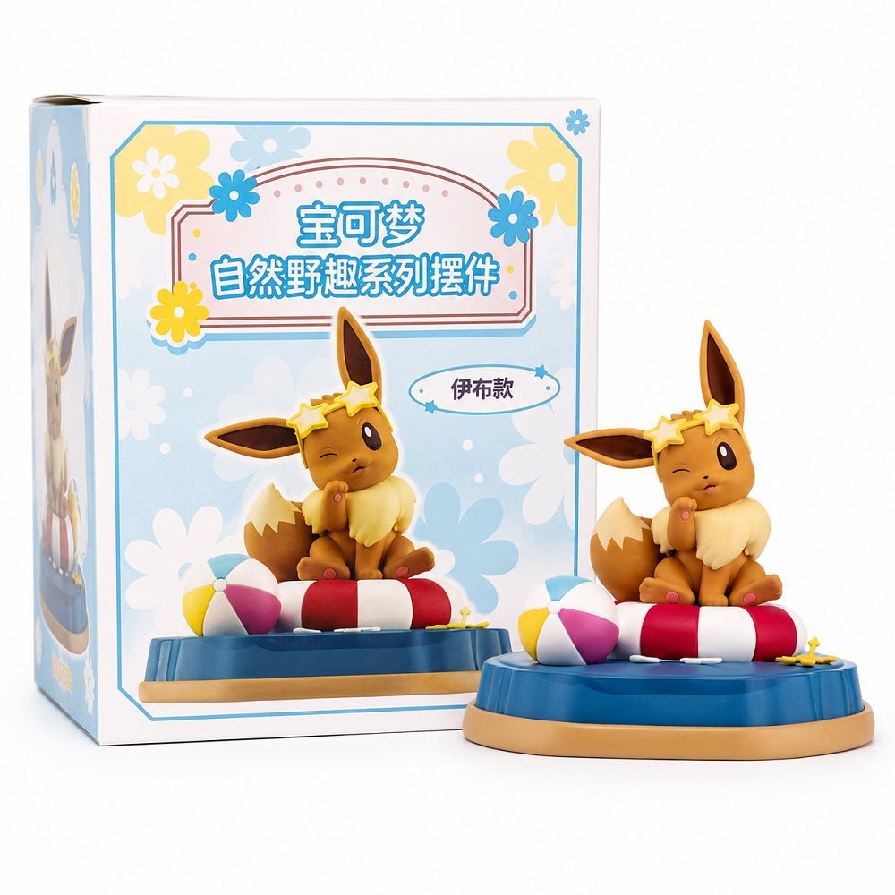 Bring a little sunshine to your collection with this adorable Eevee figure from the Pokémon Natural Fun Series. Featuring Eevee relaxing on a colorful pool float with a beach ball at its side and star-shaped sunglasses perched playfully on its head, this charming display captures the carefree feeling of a perfect summer day.

Designed with vibrant colors and delightful details, the scene-style base creates a fun seasonal display that looks great on desks, shelves, gaming setups, or Pokémon collections. Eeve