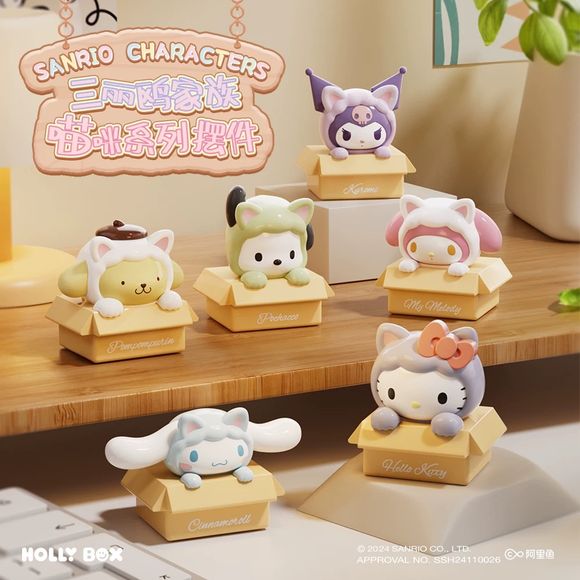 Discover an adorable surprise with the Sanrio Characters Cat Costume Series Blind Box Figure from Holly Box! This charming collection features your favorite Sanrio friends dressed in cozy cat-themed outfits while peeking out from cute cardboard boxes.

Each blind bag contains one randomly selected figure from the series, making every opening a fun and exciting collectible experience. With detailed sculpting, soft pastel colors, and irresistible expressions, these miniature figures are perfect for displaying