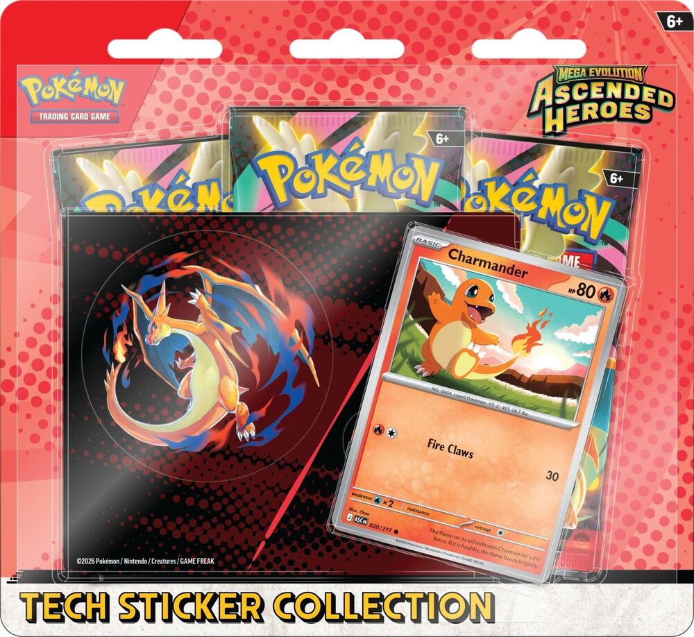 Release Date Jan 30th
Pokémon from the Kanto region are ascending to greatness—as both promo cards and tech stickers! In this collection, you’ll find Charmander as a foil promo card, plus a sheet of tech stickers featuring Charmander and Mega Charizard Y. Top it all off with even more Pokémon inside three booster packs from the special Mega Evolution—Ascended Heroes expansion!

The Pokémon TCG: Mega Evolution—Ascended Heroes Tech Sticker Collection—Charmander includes:

• 1 foil promo card featuring Charman