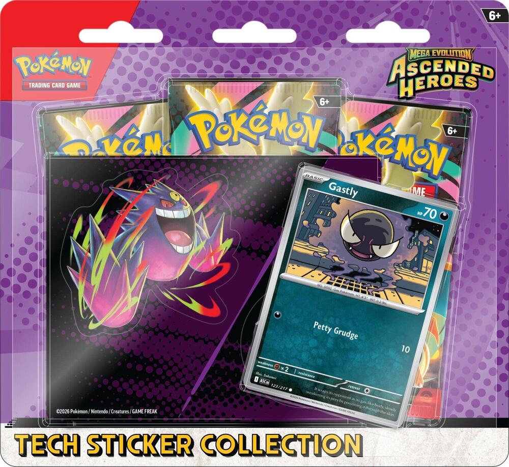 Release Date Jan 30th
Pokémon from the Kanto region are ascending to greatness—as both promo cards and tech stickers! In this collection, you’ll find Gastly as a foil promo card, plus a sheet of tech stickers featuring Gastly and Mega Gengar. Top it all off with even more Pokémon inside three booster packs from the special Mega Evolution—Ascended Heroes expansion!

The Pokémon TCG: Mega Evolution—Ascended Heroes Tech Sticker Collection—Gastly includes:

• 1 foil promo card featuring Gastly
• 1 tech sticker