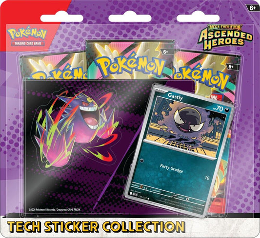 Release Date Jan 30th
Pokémon from the Kanto region are ascending to greatness—as both promo cards and tech stickers! In this collection, you’ll find Gastly as a foil promo card, plus a sheet of tech stickers featuring Gastly and Mega Gengar. Top it all off with even more Pokémon inside three booster packs from the special Mega Evolution—Ascended Heroes expansion!

The Pokémon TCG: Mega Evolution—Ascended Heroes Tech Sticker Collection—Gastly includes:

• 1 foil promo card featuring Gastly
• 1 tech sticker