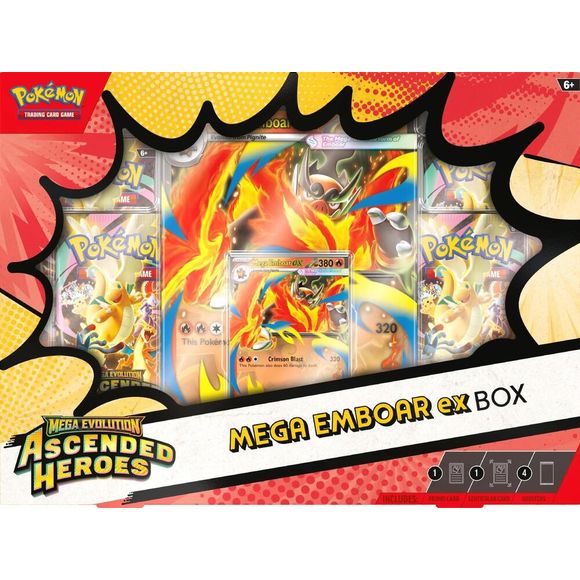 Release Date: 04/24/2026
Mega Evolution Pokémon ex Embody Heart and Power in Battle! Forge a bond that takes your partner Pokémon’s strength past the limit with Mega Evolution! In this box, you’ll find Mega Meganium ex, Mega Emboar ex, or Mega Feraligatr ex as a playable foil promo card, along with an oversize lenticular card with dynamic artwork and four booster packs from the special Mega Evolution—Ascended Heroes expansion. The Pokémon TCG: Mega Evolution—Ascended Heroes Mega Emboar ex Box includes: • 1