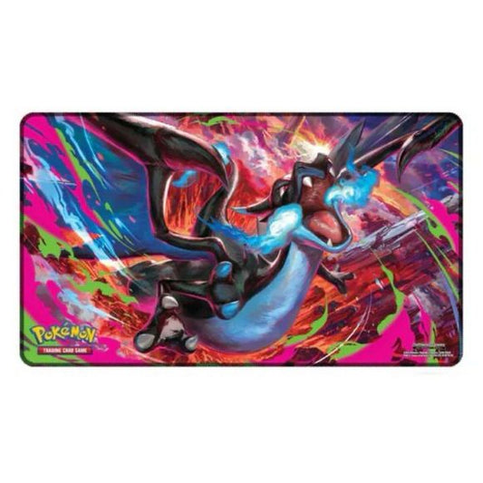 A colorful playmat featuring Mega Charizard X. This listing is for the Charizard playmat only.