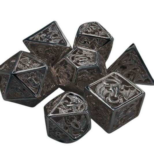 The perfect companion for your gaming needs! These premium dice are exactly what you've been searching for that upcoming game night with the group. Stored in a quality, brushed metal tin with foam insert. These dice are engraved with crisp, easy-to-read numerals. Many styles and colors are available.

This set includes on of each: d20, d12, d10, d10 (percentile), d8, d6, and a d4 (7 dice in total). All inside the Galactic Toys Dice Tin.