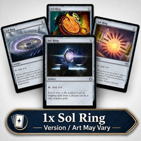 Ready to take your Commander deck to the next level or maybe just need to grab some staples? This listing is for a single copy of Sol Ring. Version will vary, no specific set or design is guaranteed.