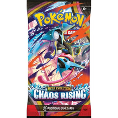Release Date 05/22/2026
Each sealed Chaos Rising Booster Pack contains 10 random cards. The hustle and bustle of the city turns into havoc as Mega Floette ex brings turmoil to the streets! Filled with courage and determination, Mega Greninja ex gathers other powerful Mega Evolution Pokémon ex, including Mega Pyroar ex and Mega Dragalge ex, to ward off this growing threat. As night falls, danger blossoms in the Pokémon TCG: Mega Evolution—Chaos Rising expansion!
