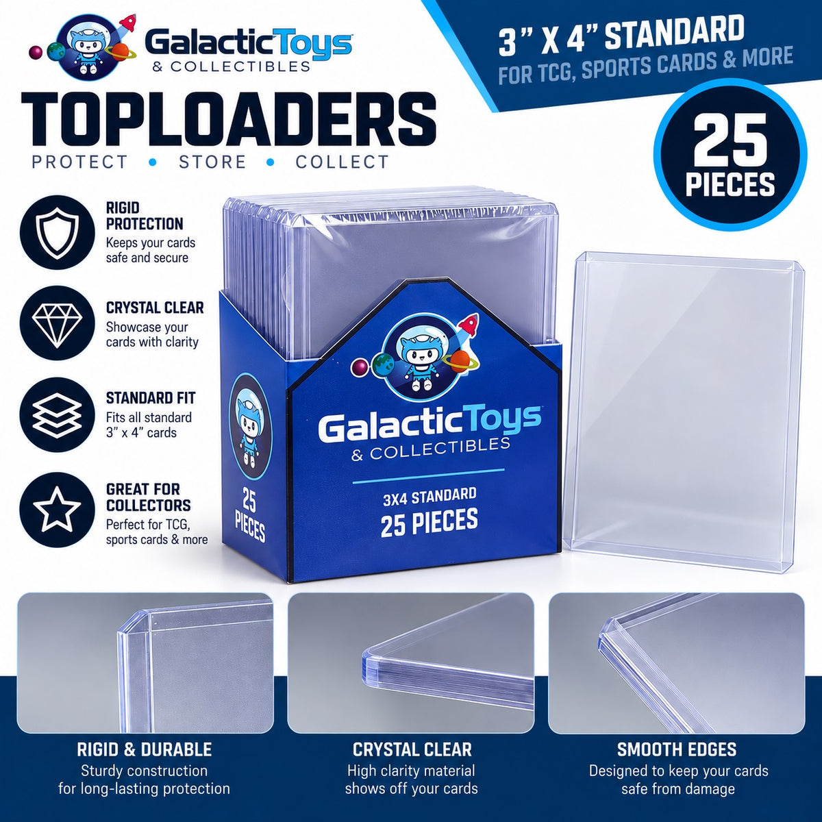 Keep your favorite trading cards protected with Galactic Toys Standard 3" x 4" TCG Card Toploaders. Made from rigid, crystal-clear plastic, these holders provide an extra layer of protection while keeping your cards easy to view and display.

Sized for standard trading cards, they're ideal for Pokémon, Magic: The Gathering, sports cards, and other collectibles. Perfect for storing, displaying, trading, or shipping valuable cards.

Features: 25 top loaders per pack • Standard 3" x 4" size • Rigid card protec