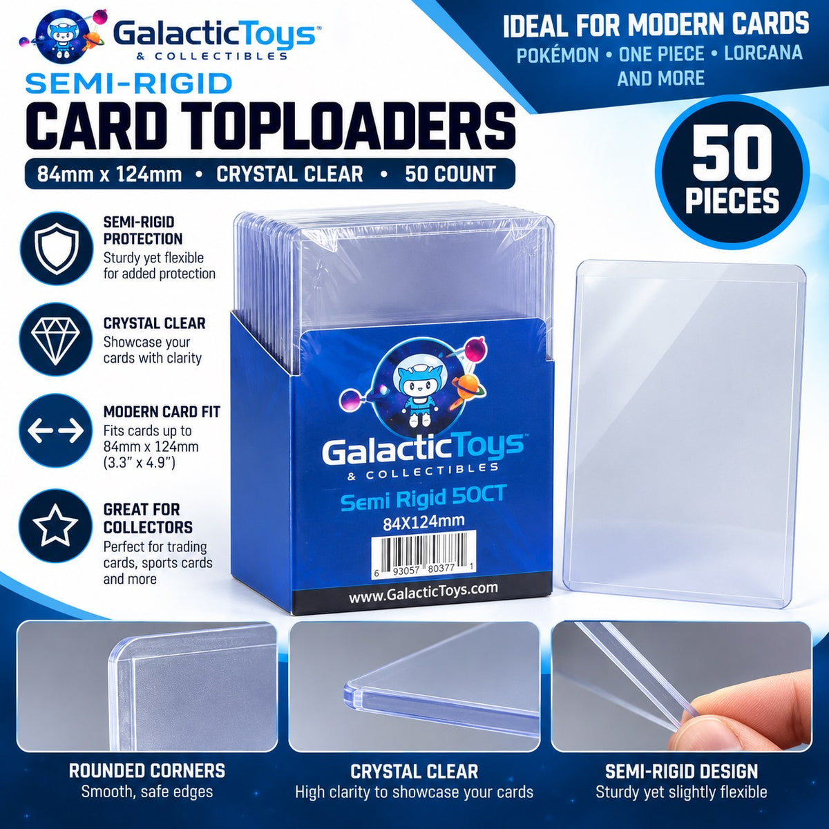 Protect, store, and organize your trading cards with Galactic Toys Semi-Rigid Trading Card Holders. Designed to provide more structure than a standard card sleeve while remaining slightly flexible, these clear holders are a great choice for protecting valuable cards during storage, handling, submission, or transport.

Each semi-rigid holder measures 84mm x 124mm (3.3" x 4.9"), providing plenty of room for standard-size trading cards. The shorter front panel and taller back panel create an easy-access lip, m