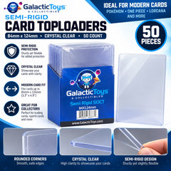 Protect, store, and organize your trading cards with Galactic Toys Semi-Rigid Trading Card Holders. Designed to provide more structure than a standard card sleeve while remaining slightly flexible, these clear holders are a great choice for protecting valuable cards during storage, handling, submission, or transport.

Each semi-rigid holder measures 84mm x 124mm (3.3" x 4.9"), providing plenty of room for standard-size trading cards. The shorter front panel and taller back panel create an easy-access lip, m