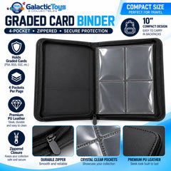 Protect and organize your graded card collection with the Galactic Toys 4-Pocket Graded Card Zipper Binder. Its compact design holds 4 graded slabs per page, giving collectors a convenient way to store, display, and transport their favorite cards without the bulk of a larger binder.

Crystal-clear pockets keep your slabs visible while the durable PU leather exterior and zippered closure provide added protection during storage or travel. At approximately 10" wide while closed, the compact size is easy to car