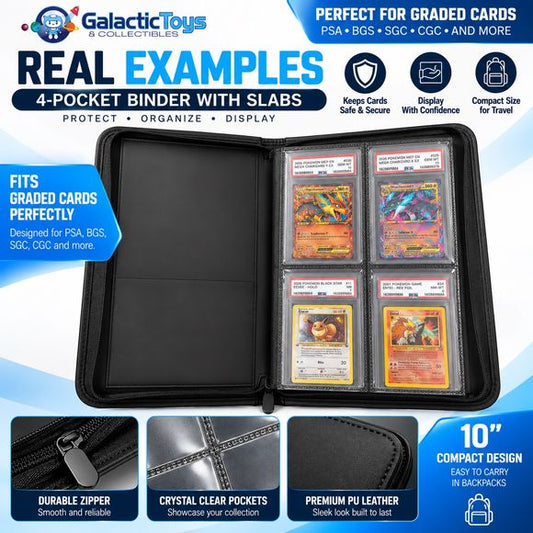 Galactic Toys 4-Pocket Graded Card Slab Zipper Binder - Holds 40 Slabs - Black