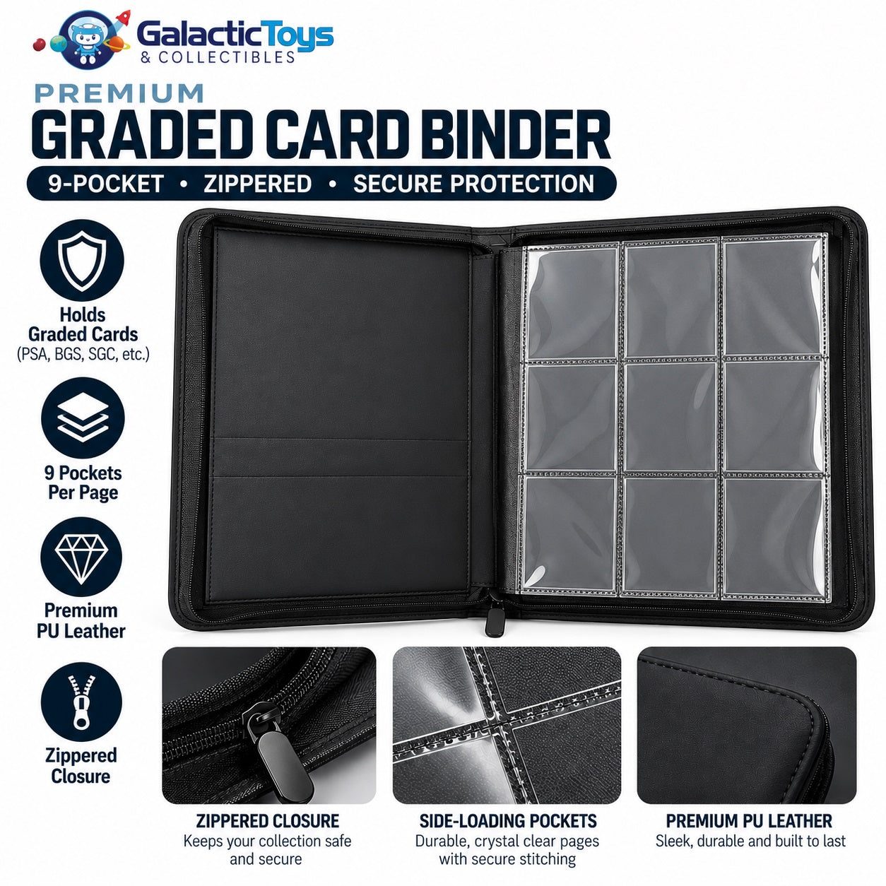 Protect and organize your graded card collection with the Galactic Toys 6-Pocket Graded Card Slab Zipper Binder. Designed for collectors who want secure storage without bulky slab boxes, this binder holds up to 60 graded cards in clear, easy-to-view pockets.

Each page features 6 slab pockets (3 per side), while the full zip-around closure helps keep your collection protected during storage or transport. The clean black exterior gives it a simple, professional look that works for Pokémon, sports cards, and