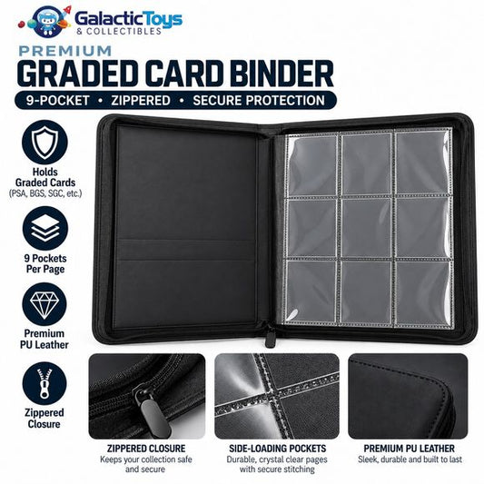 Protect and organize your graded card collection with the Galactic Toys 6-Pocket Graded Card Slab Zipper Binder. Designed for collectors who want secure storage without bulky slab boxes, this binder holds up to 60 graded cards in clear, easy-to-view pockets.

Each page features 6 slab pockets (3 per side), while the full zip-around closure helps keep your collection protected during storage or transport. The clean black exterior gives it a simple, professional look that works for Pokémon, sports cards, and
