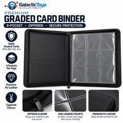 Protect and organize your graded card collection with the Galactic Toys 6-Pocket Graded Card Slab Zipper Binder. Designed for collectors who want secure storage without bulky slab boxes, this binder holds up to 60 graded cards in clear, easy-to-view pockets.

Each page features 6 slab pockets (3 per side), while the full zip-around closure helps keep your collection protected during storage or transport. The clean black exterior gives it a simple, professional look that works for Pokémon, sports cards, and