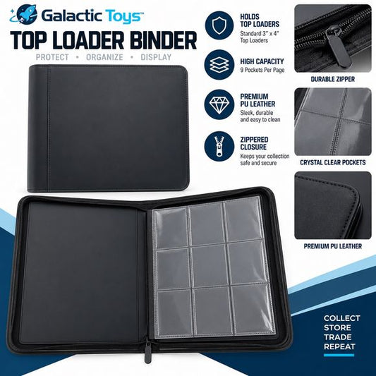 Protect and organize your favorite trading cards with the Galactic Toys 9-Pocket TCG Toploader Zipper Binder. Designed specifically for cards stored in standard top loaders, this high-capacity binder holds up to 252 top loaders while keeping your collection organized and easy to browse.

Each page features 9 clear pockets for displaying your cards, while the durable black exterior and full zip-around closure provide added protection during storage or transport. Perfect for Pokémon, Magic: The Gathering, spo