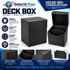 Keep your favorite TCG decks protected, organized, and ready to play with the Galactic Toys 100+ Card PP Plastic Deck Box. Made from durable, lightweight polypropylene (PP), this deck box provides a simple and reliable storage solution for cards at home, at tournaments, or on the go.

The spacious interior holds 100+ standard-size trading cards and is designed to accommodate sleeved cards. An included removable divider makes it easy to separate your main deck from a sideboard, tokens, or other cards and acc