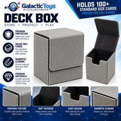 Protect your favorite trading card deck in style with the Galactic Toys Premium PU Leather Magnetic Deck Box. Designed for collectors and players alike, this durable deck box combines a clean, premium look with secure everyday protection for your cards.

The textured PU leather exterior provides a durable, refined finish, while the soft black interior helps protect cards and sleeves from scratches and wear. A convenient magnetic flap closure keeps the box securely closed while still allowing quick access to