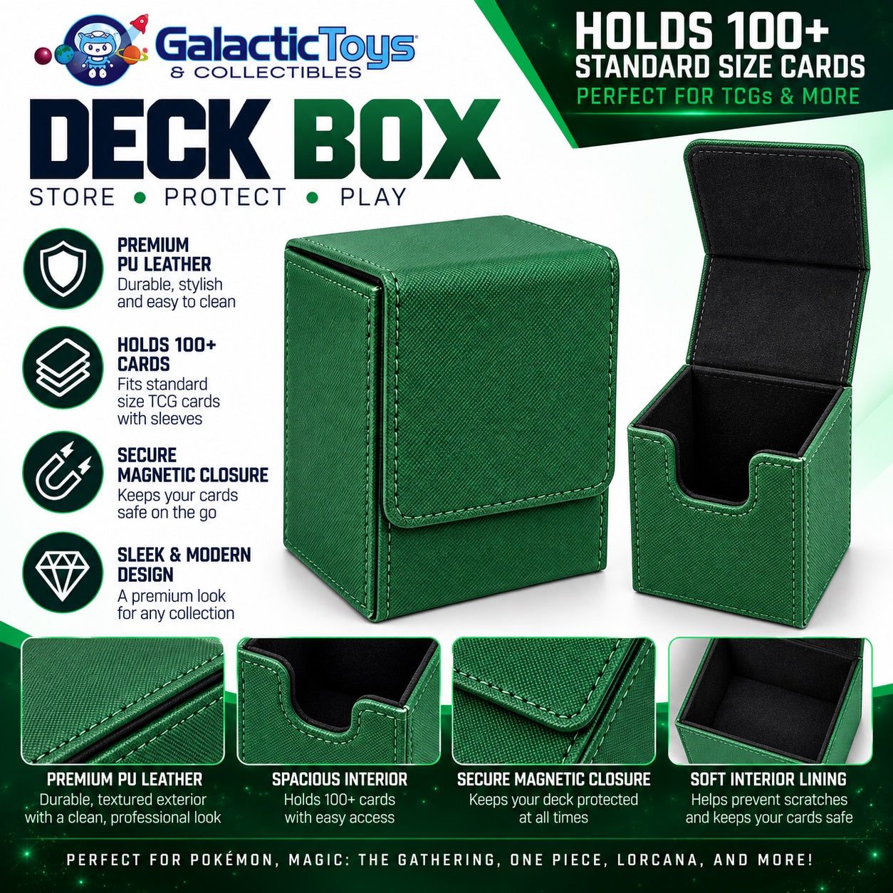 Protect your favorite trading card deck in style with the Galactic Toys Premium PU Leather Magnetic Deck Box. Designed for collectors and players alike, this durable deck box combines a clean, premium look with secure everyday protection for your cards.

The textured PU leather exterior provides a durable, refined finish, while the soft black interior helps protect cards and sleeves from scratches and wear. A convenient magnetic flap closure keeps the box securely closed while still allowing quick access to