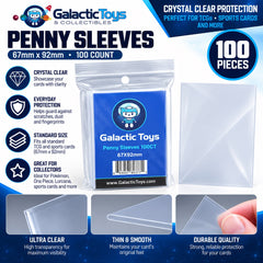 Keep your trading cards protected with Galactic Toys Standard Penny Sleeves. These crystal-clear sleeves provide an affordable layer of everyday protection while keeping your cards easy to view, handle, and organize.

Sized at 67mm x 92mm, they're designed to fit standard-size trading cards with a little extra room for easy insertion and removal. The thin, transparent material helps protect cards against scratches, dust, fingerprints, and everyday handling without adding unnecessary bulk.

Perfect for Pokém