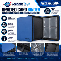 Protect and organize your graded card collection with the Galactic Toys 4-Pocket Graded Card Zipper Binder. Its compact design holds 4 graded slabs per page, giving collectors a convenient way to store, display, and transport their favorite cards without the bulk of a larger binder.

Crystal-clear pockets keep your slabs visible while the durable PU leather exterior and zippered closure provide added protection during storage or travel. At approximately 10" wide while closed, the compact size is easy to car