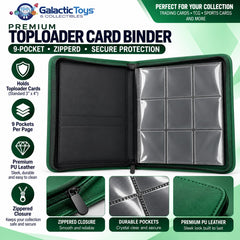 Protect and organize your favorite trading cards with the Galactic Toys 9-Pocket TCG Toploader Zipper Binder. Designed specifically for cards stored in standard top loaders, this high-capacity binder holds up to 252 top loaders while keeping your collection organized and easy to browse.

Each page features 9 clear pockets for displaying your cards, while the durable black exterior and full zip-around closure provide added protection during storage or transport. Perfect for Pokémon, Magic: The Gathering, spo