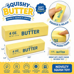 Squeeze away stress with this hilarious Squishy Butter Stick Foam Toy! Designed to look like a classic 4oz stick of salted butter, this soft foam novelty squish toy is perfect for fidgeting, relaxing, and satisfying slow-rising squeezes. Its realistic butter-stick design makes it a fun desk accessory, gag gift, or sensory toy for kids and adults alike.

Made from soft slow-rise foam, the butter stick compresses easily and slowly returns to its original shape after squeezing for a calming and satisfying expe