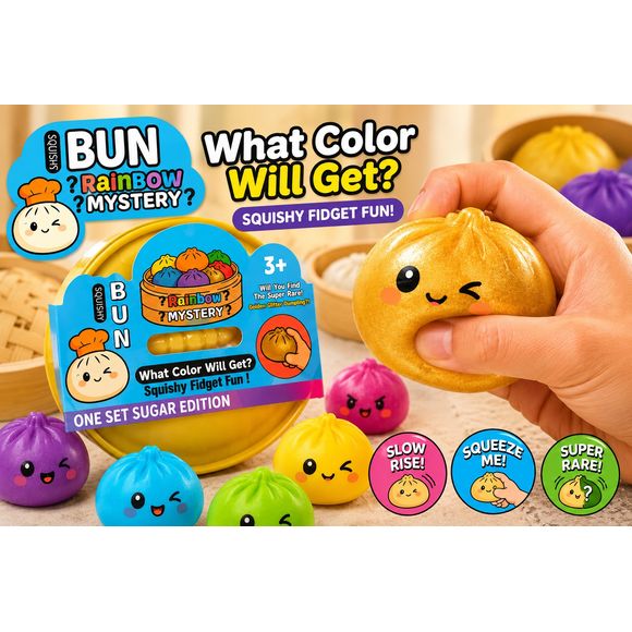 Add some squishy fun to your day with these adorable Squishy Buns Mystery Toys! Each soft foam bun comes packed inside a cute dumpling basket-style container, making every opening a fun surprise. Designed for satisfying squeezes and slow-rising relaxation, these playful fidget toys are perfect for stress relief, desk décor, or collecting.

Each mystery package contains 1 random bun style, featuring cute and colorful character-inspired designs. Will you discover the super rare golden glitter bun?