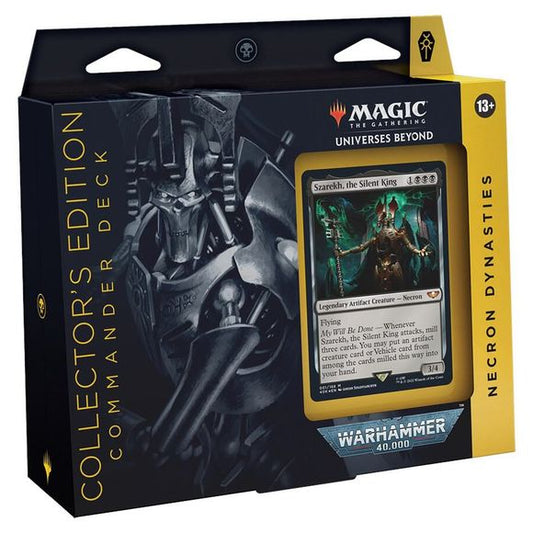 The Collector’s Edition Necron Dynasties Warhammer 40,000 Commander Deck set includes 1 ready-to-play Black deck of 100 Surge Foil Magic: The Gathering cards, 1 Surge Foil Display Commander, 10 double-sided Surge Foil tokens, 1 deck box (can hold 100 sleeved cards), 1 life tracker, 1 strategy insert, and 1 reference card.
Command a new battlefield with epic multiplayer Magic games set in the world of the popular tabletop miniatures game, Warhammer 40,000